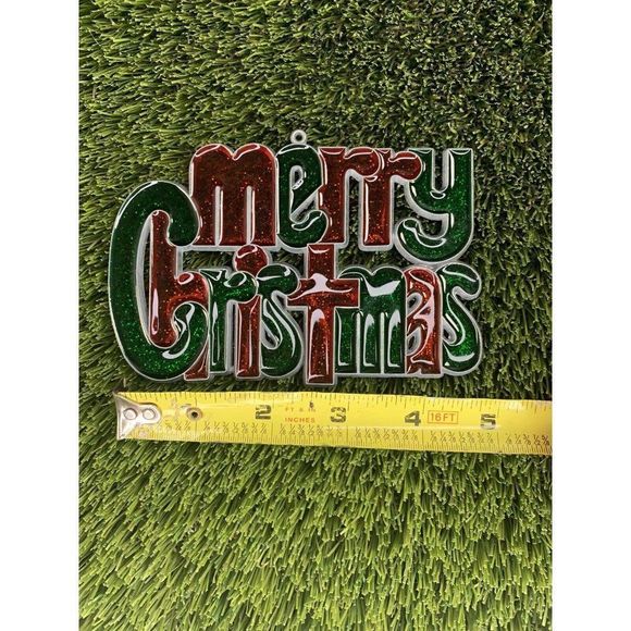 Vintage Merry Christmas Stained Glass Like Suncatcher Ornament Hang Holiday 5" - Picture 3 of 4